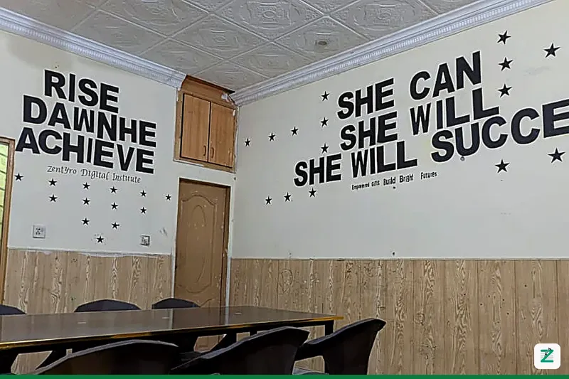 Training room at Zentyro Digital Institute, Multan, with 'Rise, Dawn, Achieve' and 'She Can, She Will, She Will Succeed' wall messages