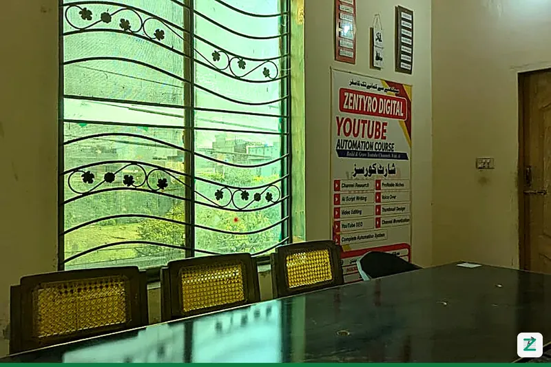 Classroom at Zentyro Digital with the YouTube Automation Course poster on the wall